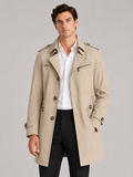 Men wearing beige cotton trench coat single breasted lapel mid length fall office style