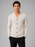 Men wearing beige v neck cardigan sweater slim fit knit long sleeve spring fall business casual style
