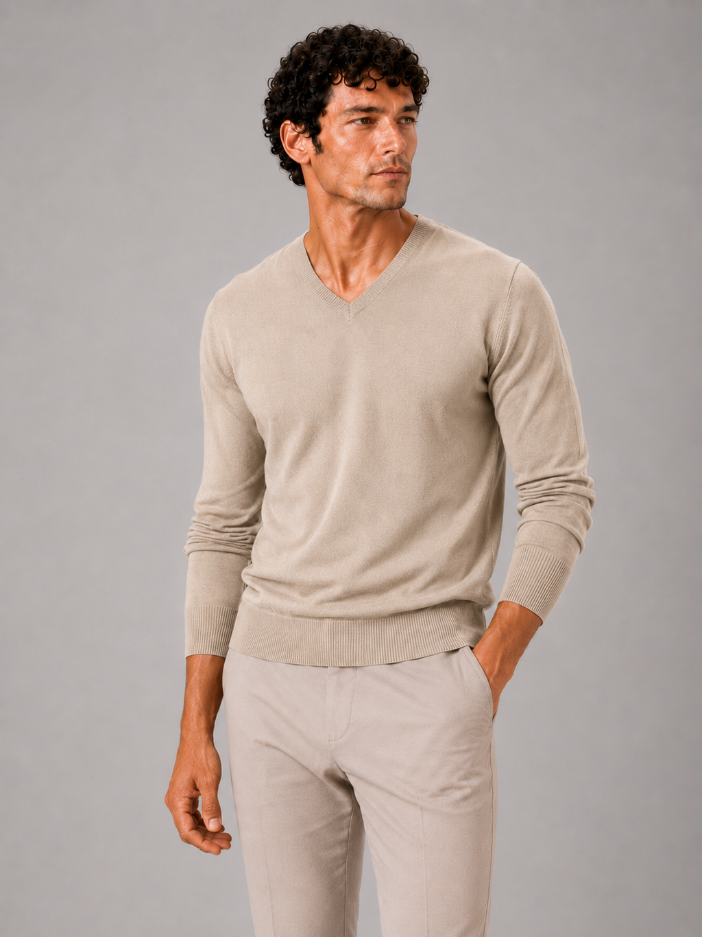 Men wearing beige v neck knit sweater slim fit long sleeve lightweight fall casual style