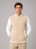 Men wearing beige varsity jacket fleece lined color block button front fall winter baseball style