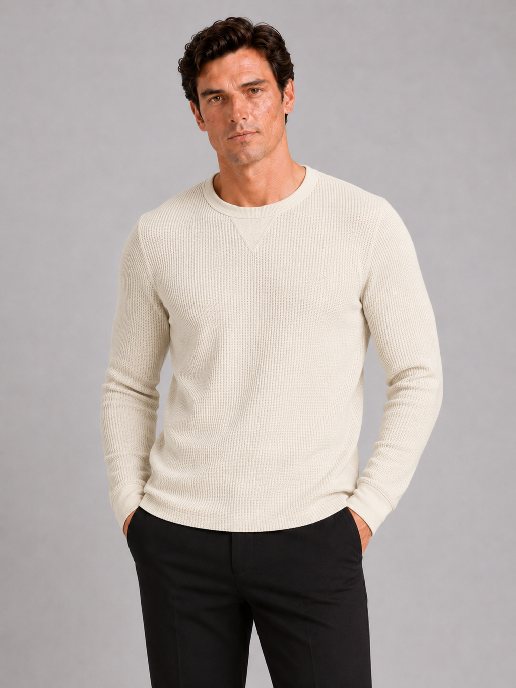 Men wearing beige waffle knit shirt long sleeve crewneck fall winter casual style