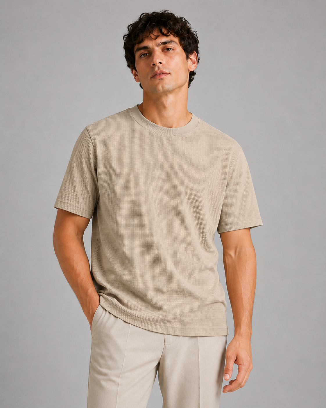 Men wearing beige waffle knit t shirt crew neck lightweight relaxed summer casual style