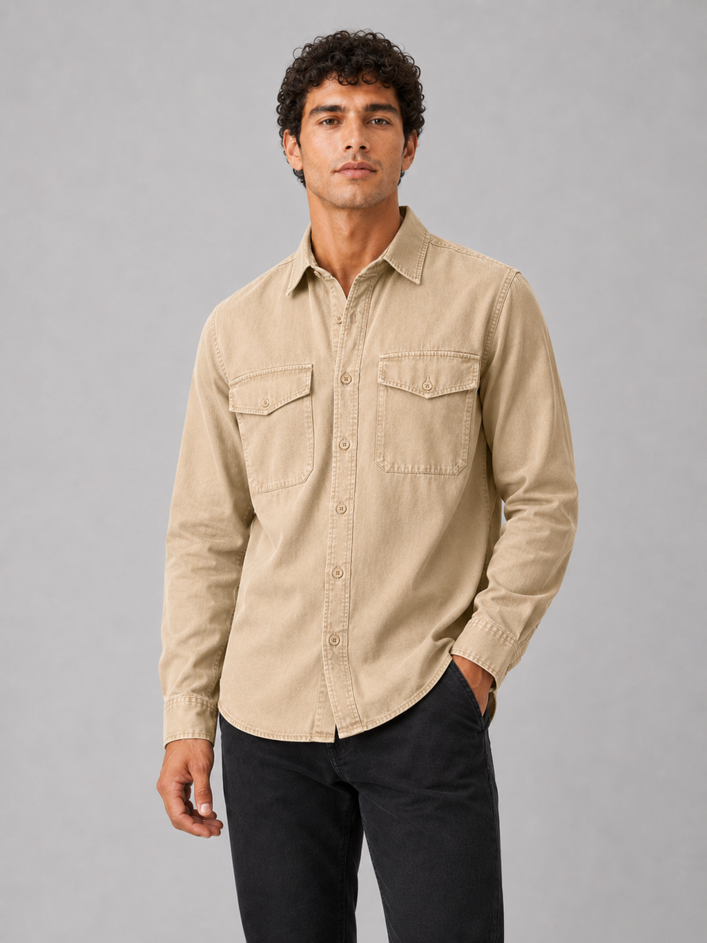 Men wearing beige cotton washed work shirt long sleeve double pocket casual button up style