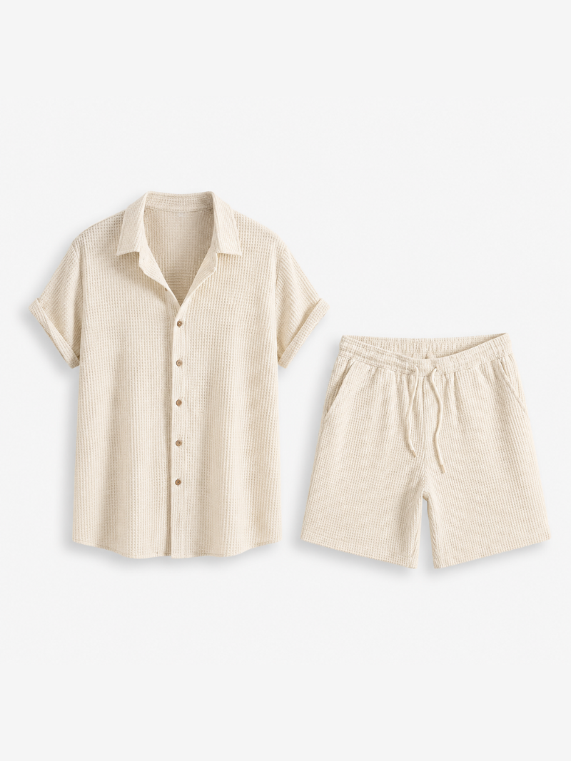 Beige two piece shirt and shorts set for men relaxed resort outfit soft breathable fabric