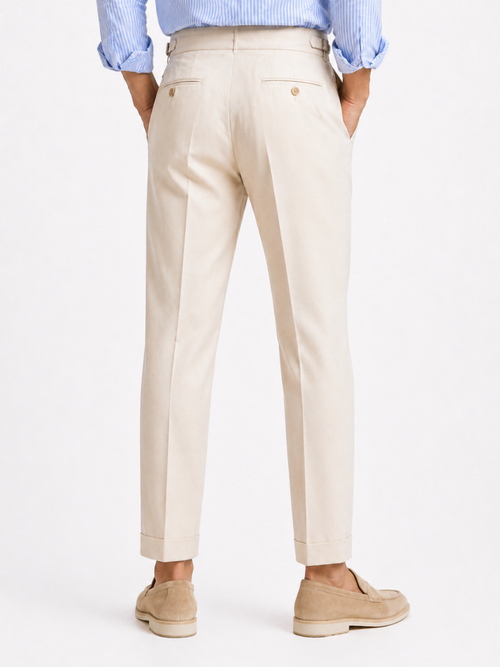 Beige high waisted trousers with belt button closure tailored fit refined modern outfit
