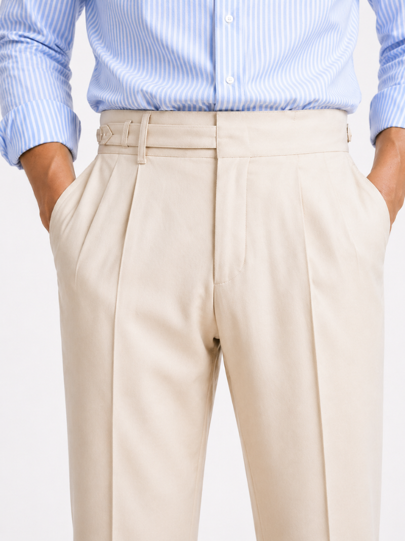 Men’s beige high waisted pants belt detail structured tailored fit elegant smart casual wear