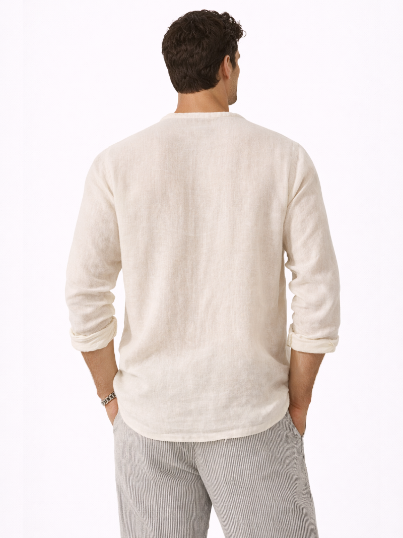 Beige linen V-neck long sleeve shirt for men, organic fabric casual beach and resort wear