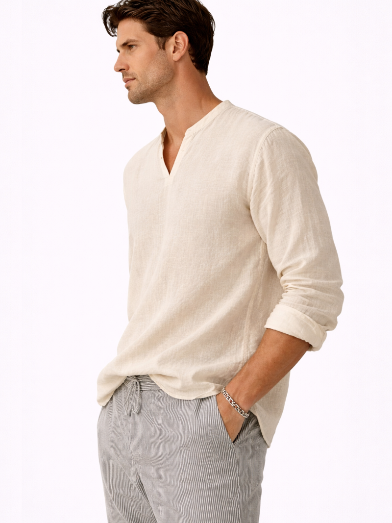 Light beige linen long sleeve V-neck shirt for men, sustainable organic fabric casual style