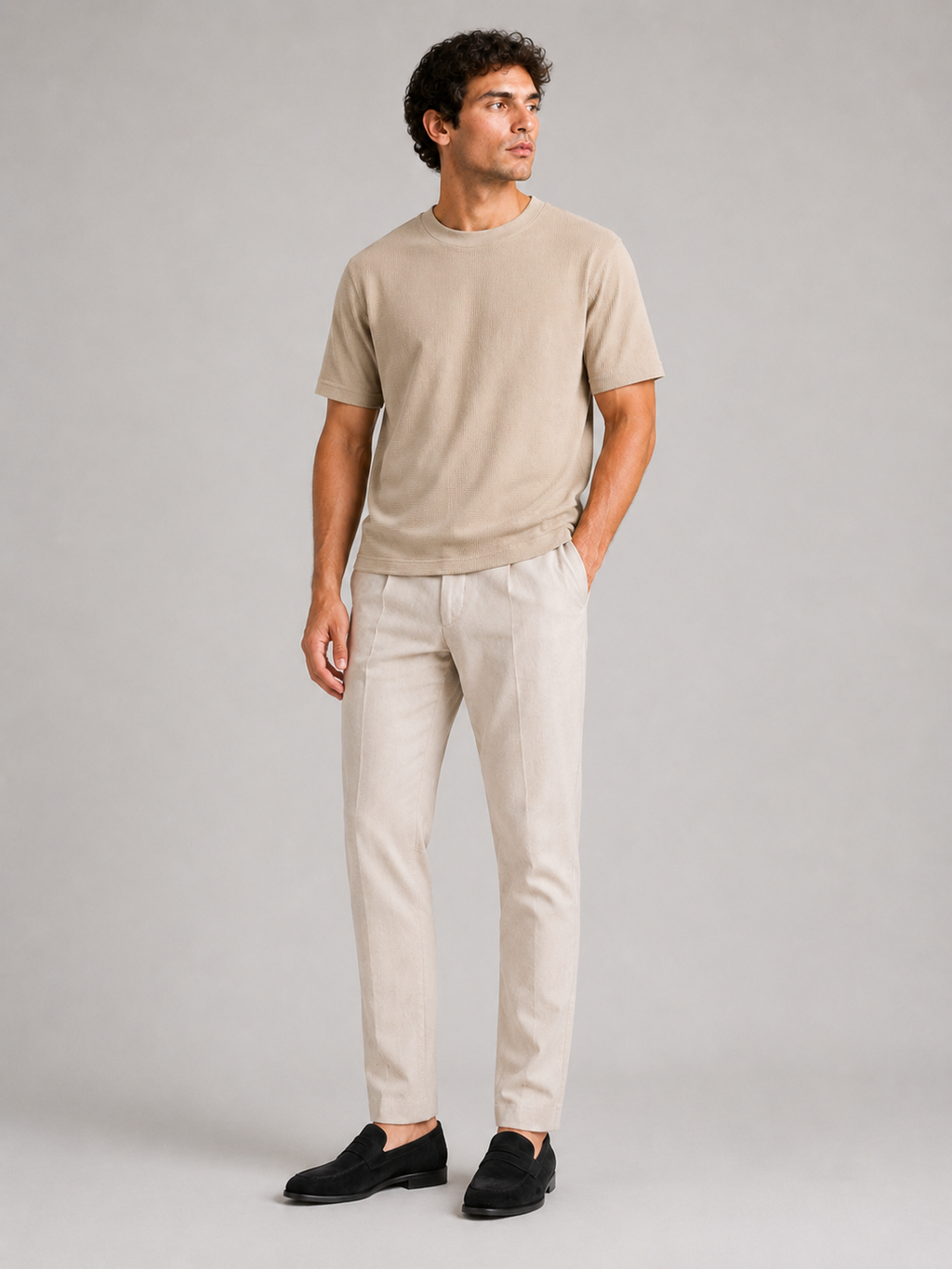 Beige textured waffle knit t shirt minimal casual summer top with modern relaxed fit