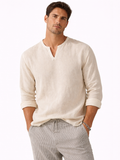 Men’s beige organic linen V-neck long sleeve shirt, lightweight breathable summer top with relaxed fit