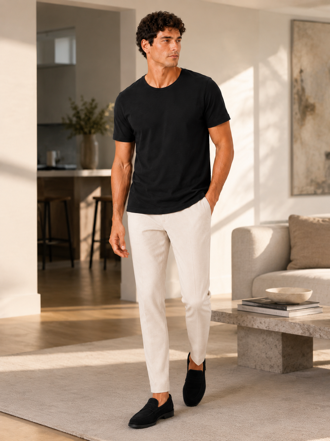 Man styling black cotton crew neck t shirt in a modern summer casual lifestyle outfit