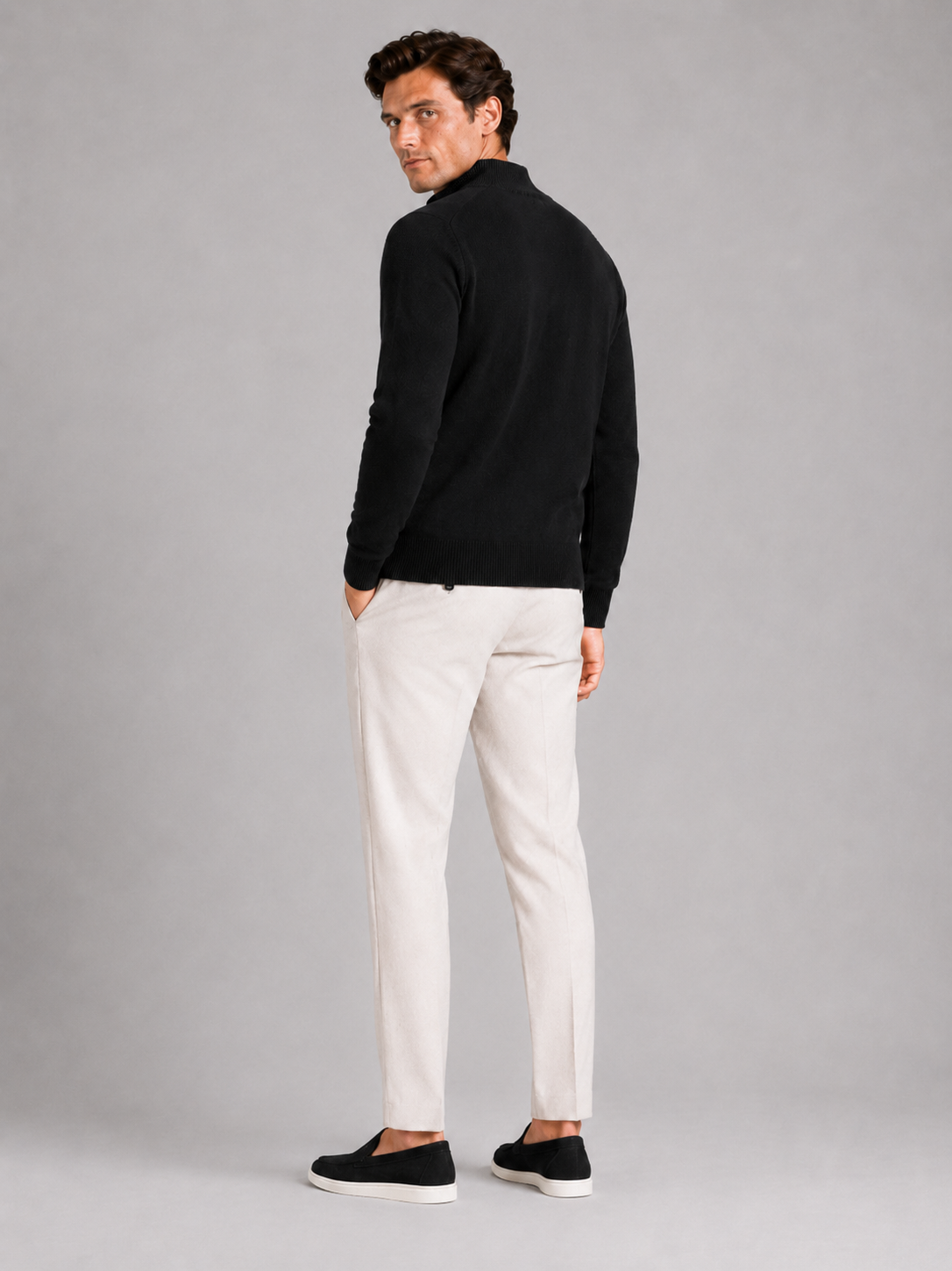 Men’s black 100 percent wool sweater warm thick knit top for business casual outfits