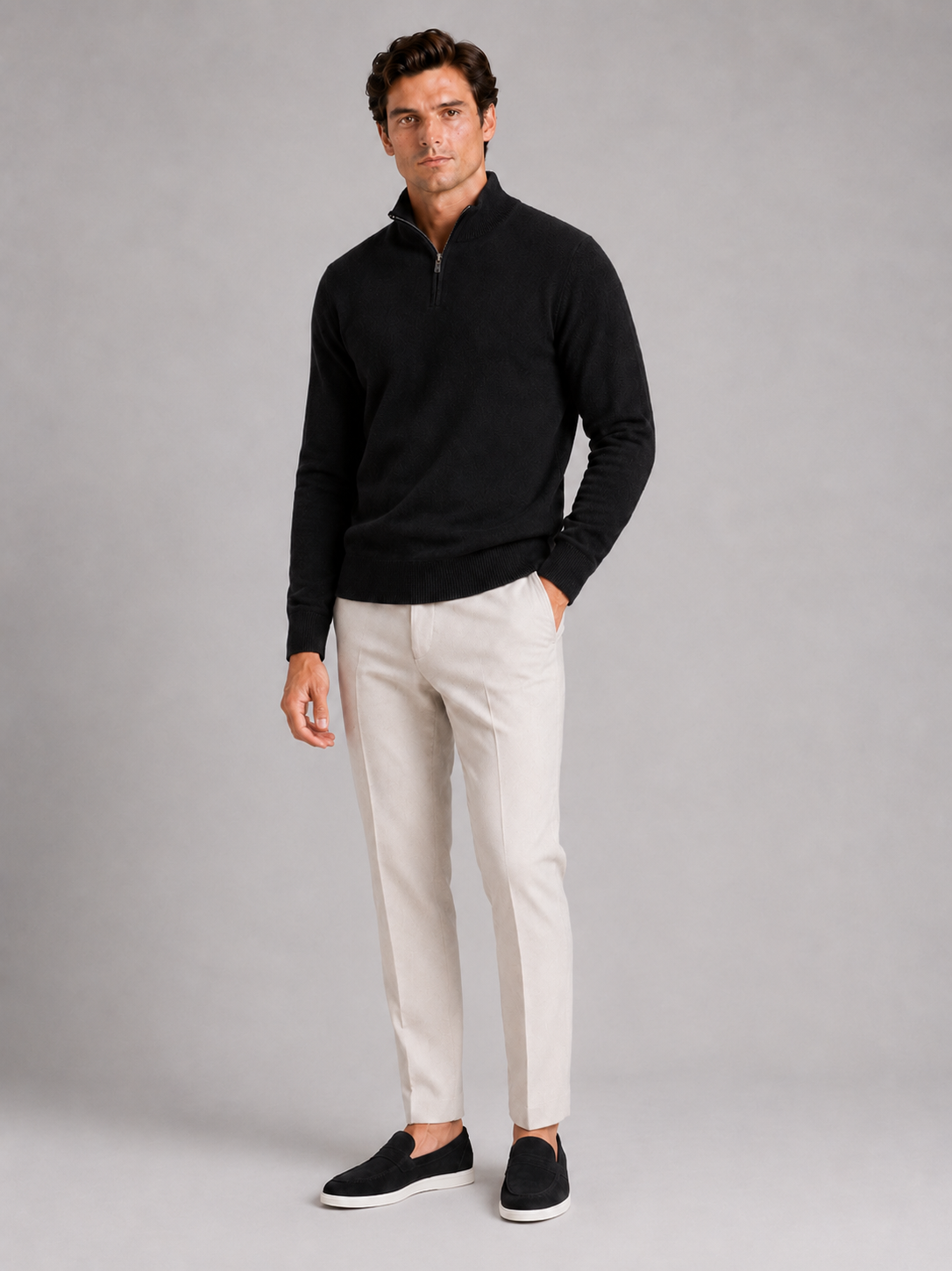 Black wool half zip mock neck sweater for men breathable thermal pullover for winter wear