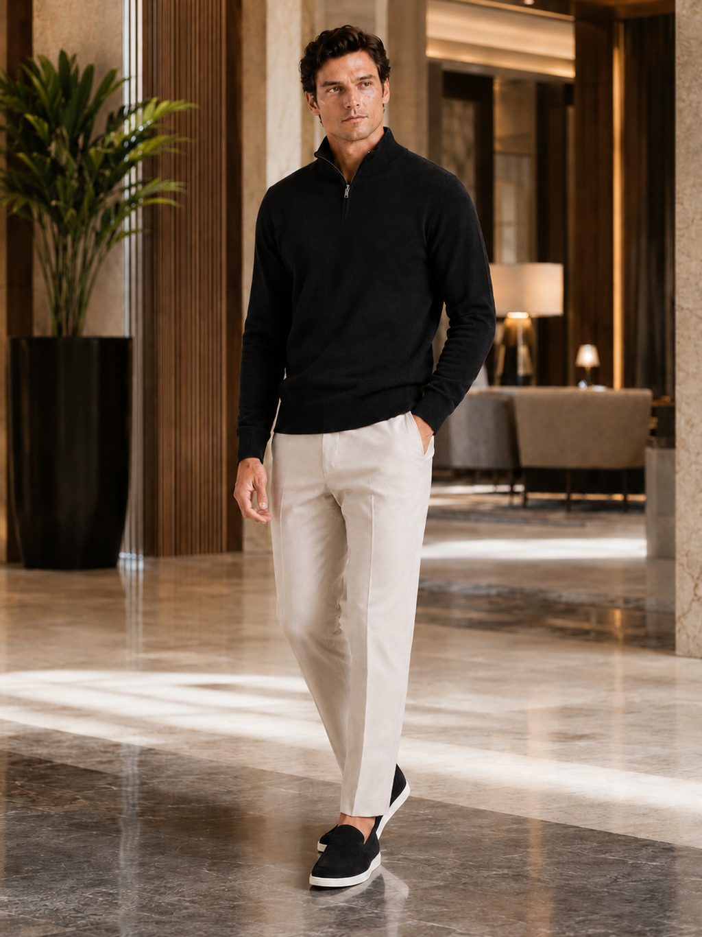Man styling black wool half zip mock neck sweater in a modern fall winter lifestyle outfit