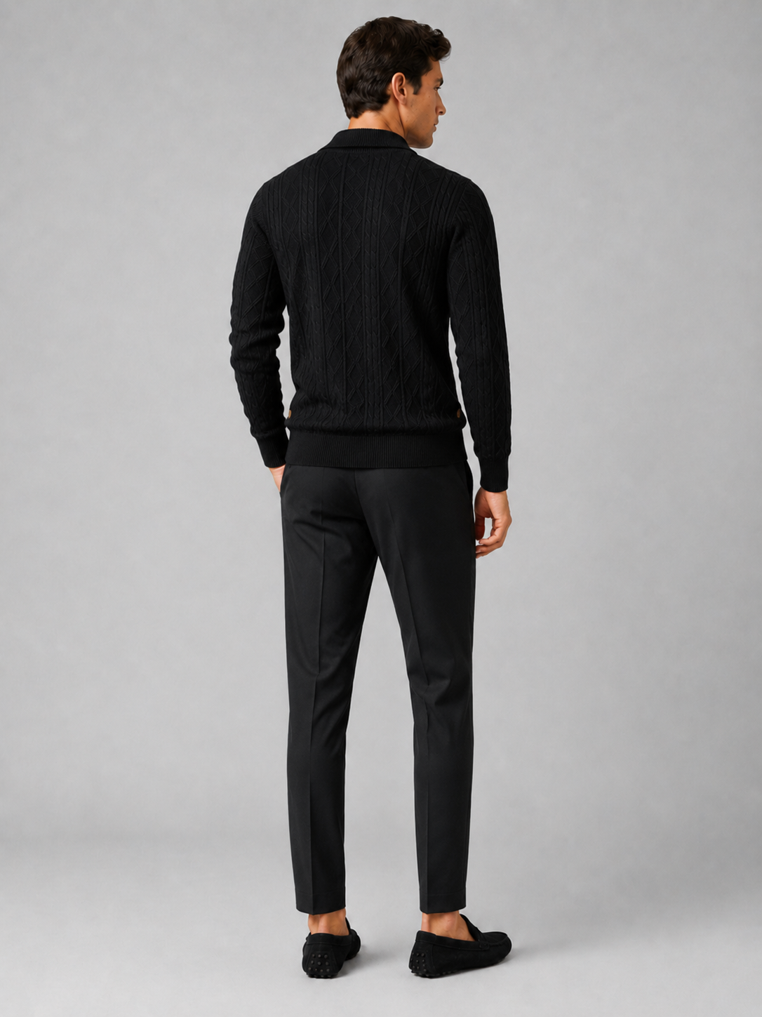 Men’s black single breasted cardigan sweater comfortable cable knit layer for business casual outfits