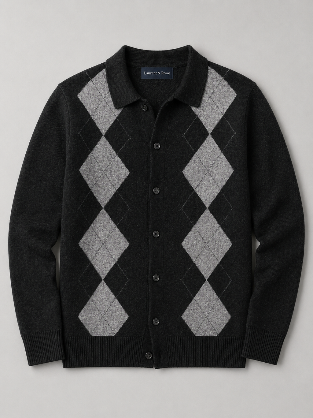Beige men’s argyle button-down cardigan sweater with a turn-down collar displayed on a plain background