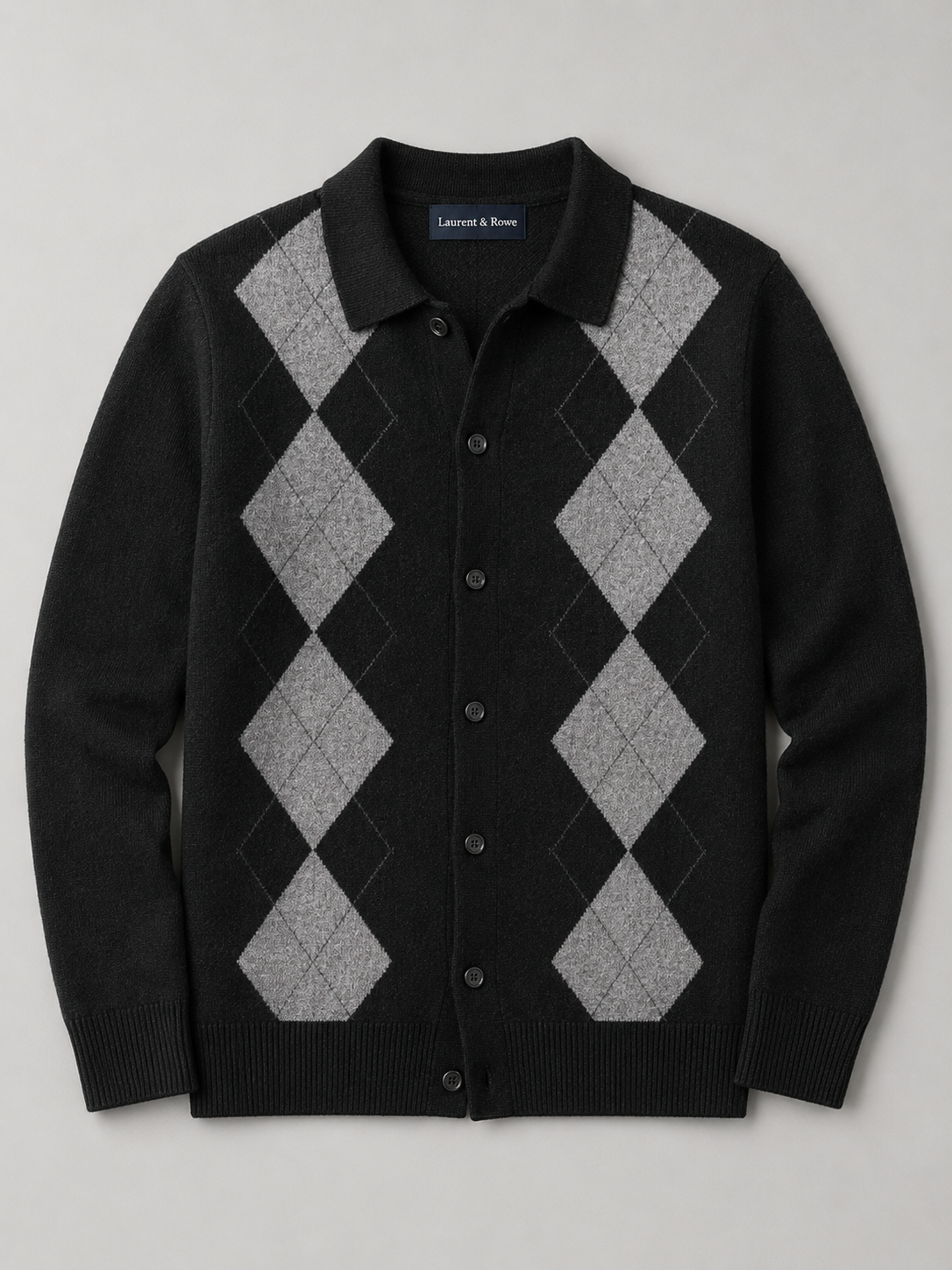 Beige men’s argyle button-down cardigan sweater with a turn-down collar displayed on a plain background