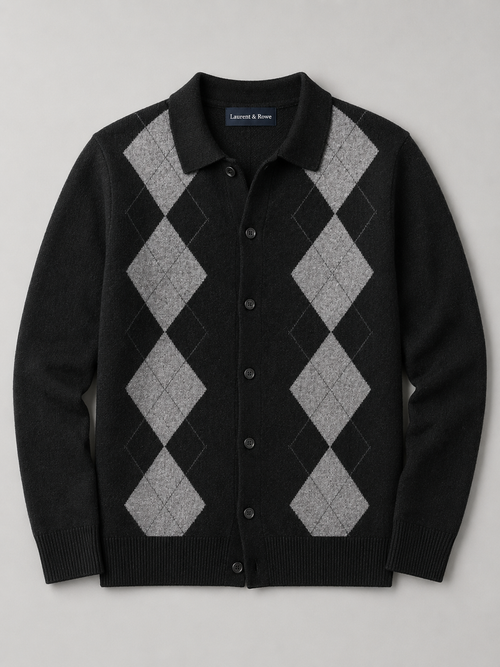 Beige men’s argyle button-down cardigan sweater with a turn-down collar displayed on a plain background