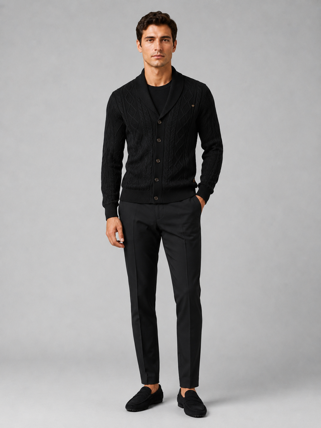 Black argyle cardigan sweater for men cotton knit layer for office and everyday wear