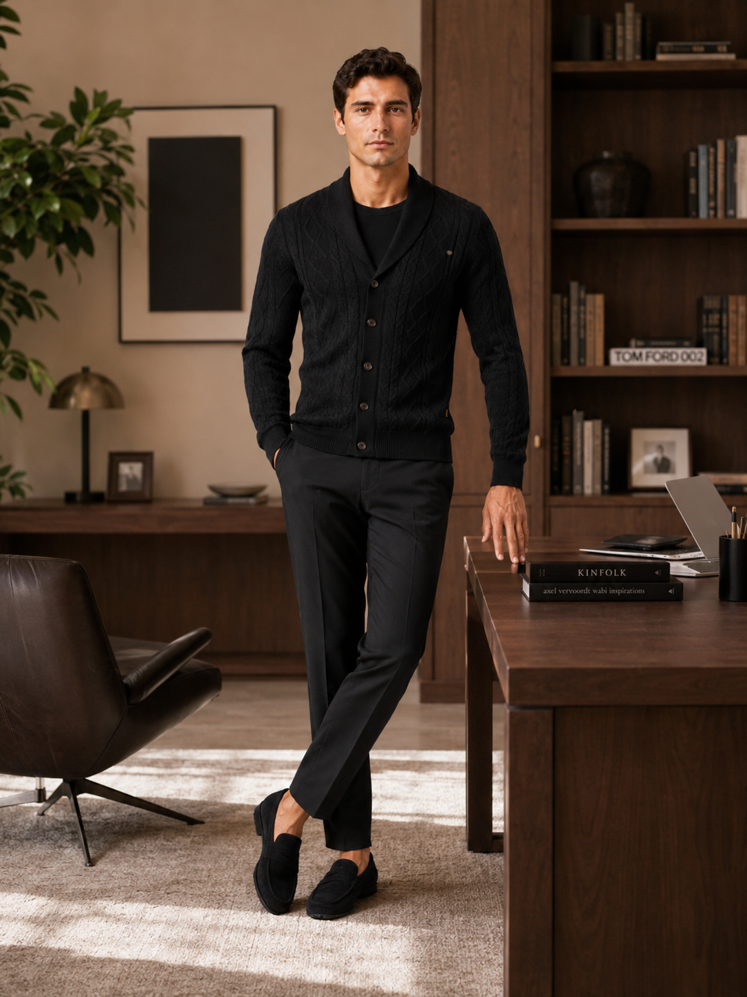 Man styling black argyle cardigan sweater in a modern office and fall winter lifestyle outfit