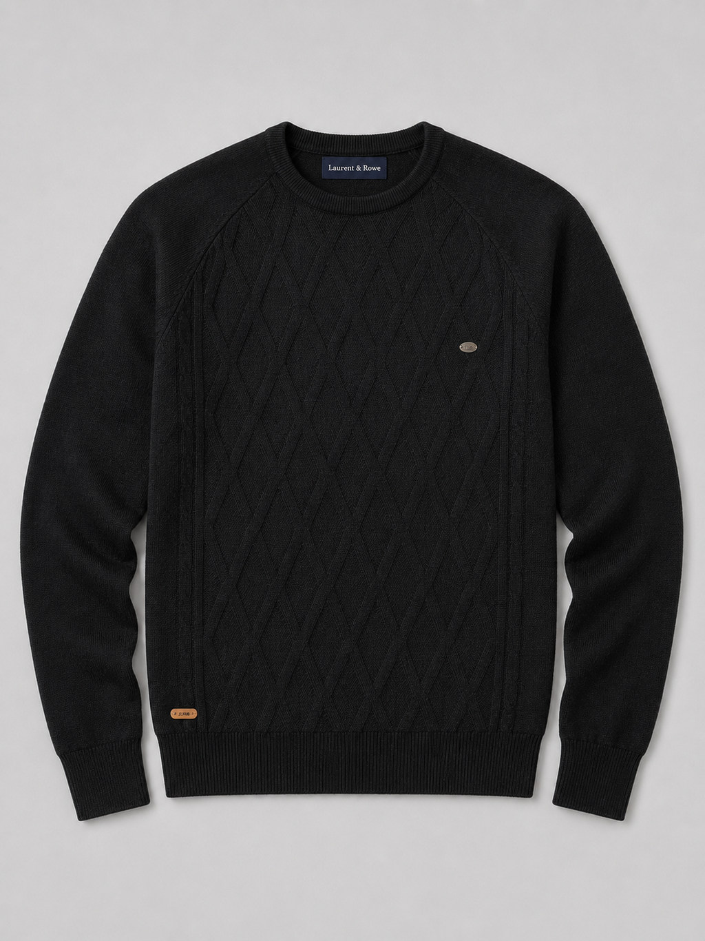Black men’s argyle crew neck knit sweater displayed on a plain background