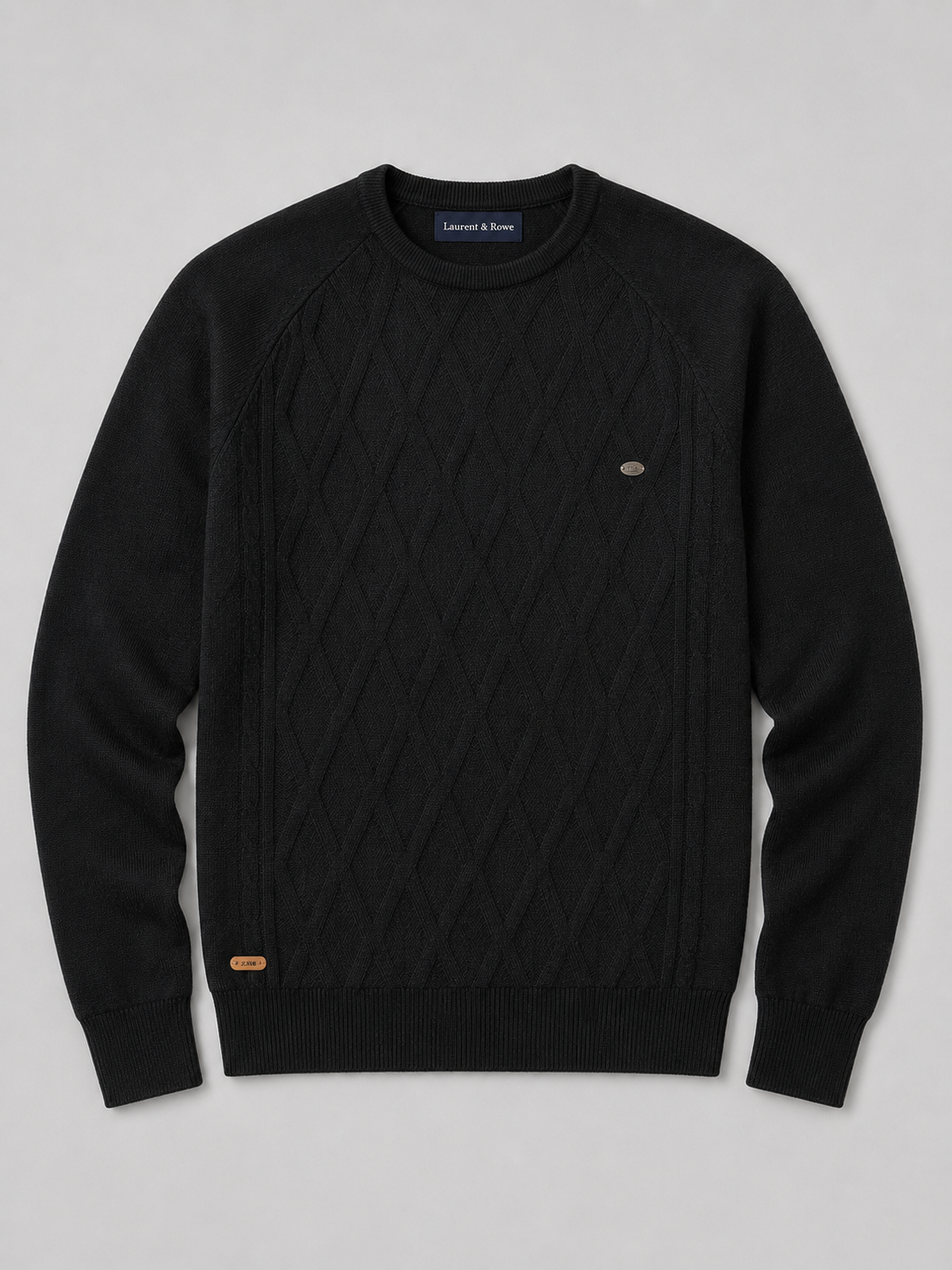 Black men’s argyle crew neck knit sweater displayed on a plain background