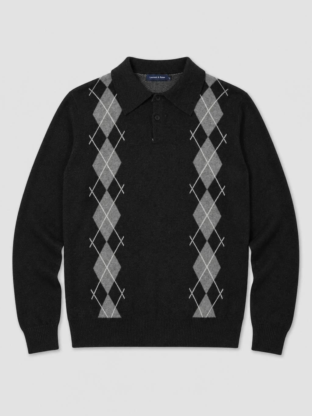 Black men’s argyle plaid knit sweater with a contrast collar displayed on a plain background