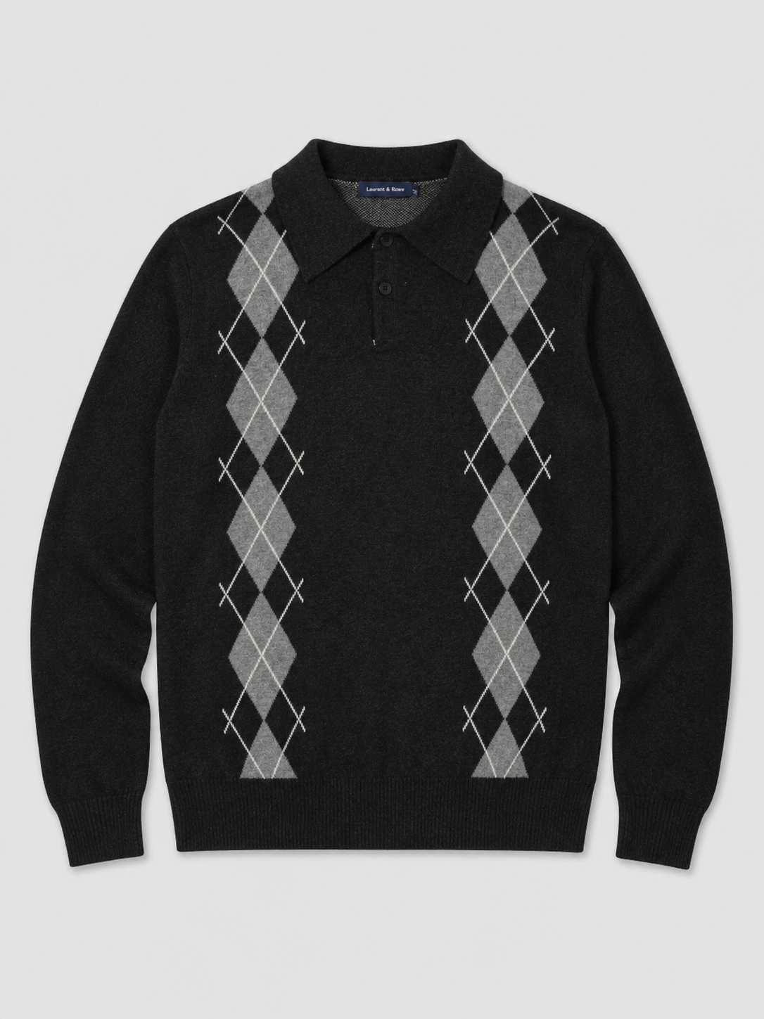 Black men’s argyle plaid knit sweater with a contrast collar displayed on a plain background