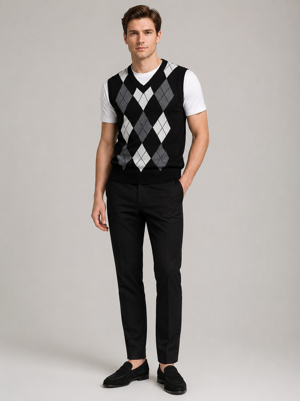 Black argyle sweater vest for men slim fit knit layer for business casual and everyday wear