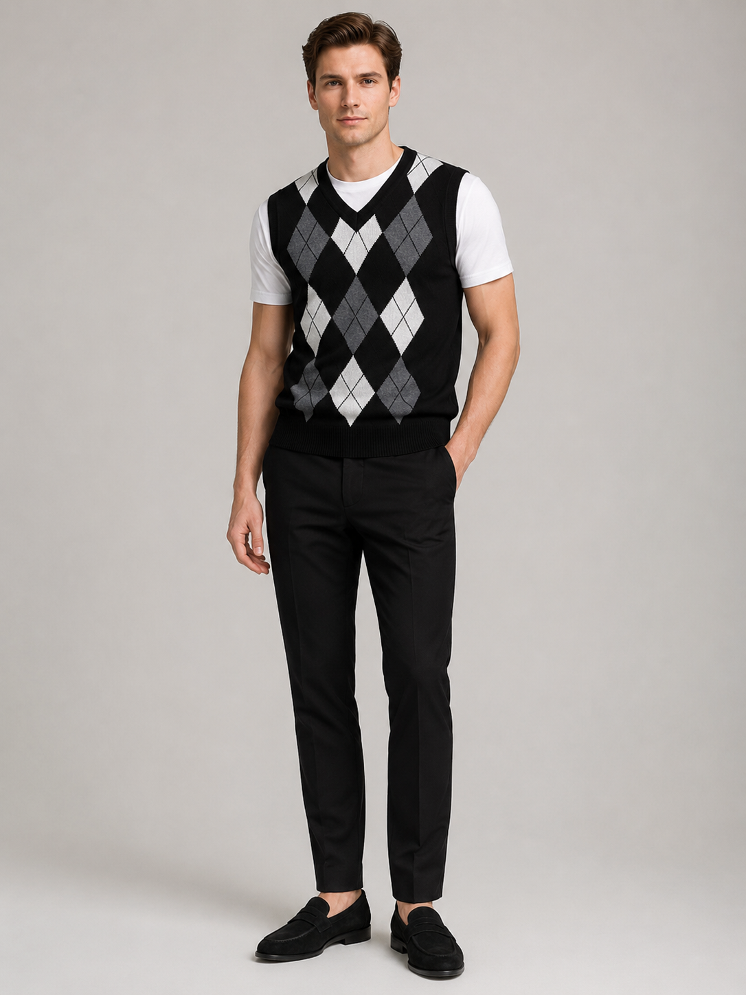 Black argyle sweater vest for men slim fit knit layer for business casual and everyday wear