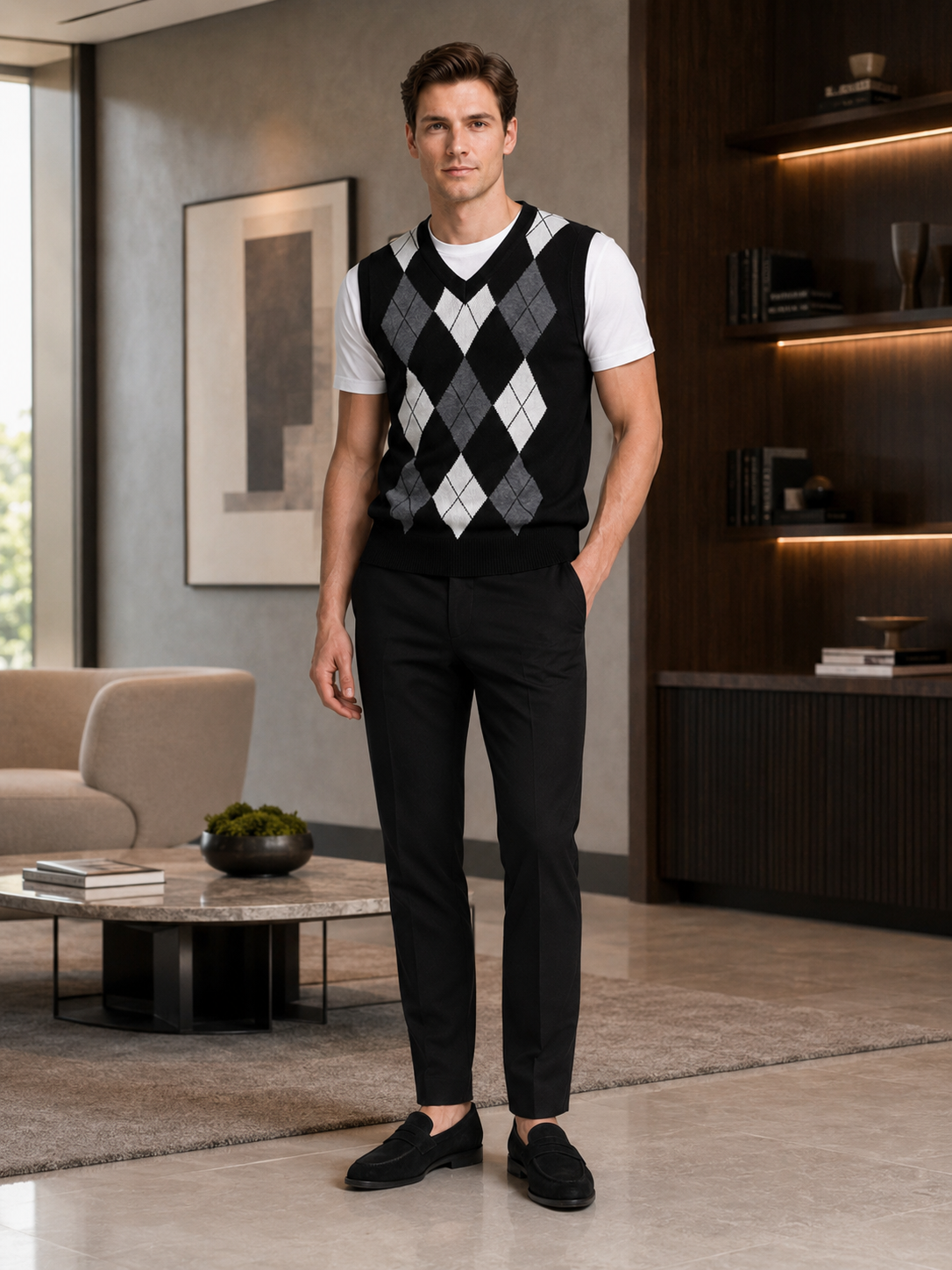 Man styling black argyle sweater vest in a modern business casual and everyday lifestyle outfit
