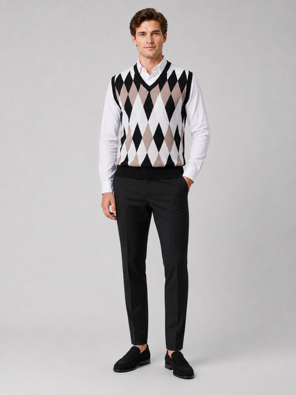 Black argyle sweater vest for men slim fit lightweight layer for business casual wear