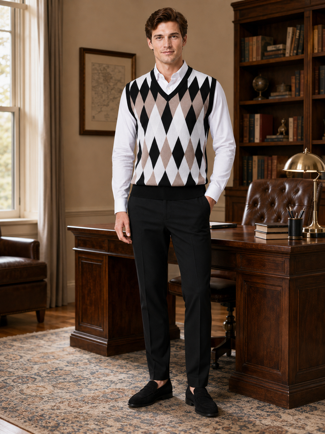 Man styling black argyle sweater vest in a modern business casual and everyday lifestyle outfit