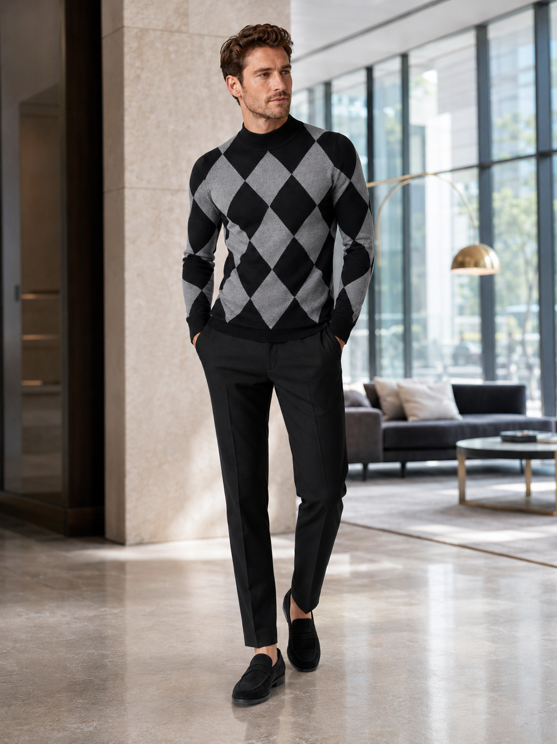 Man wearing a black argyle slim fit turtleneck sweater in a modern business casual fall winter outfit