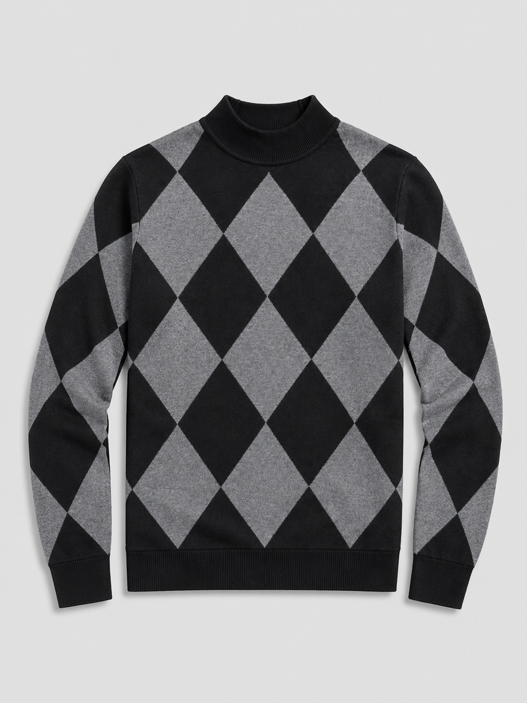 Black men’s argyle turtleneck sweater with a slim fit and stretch knit construction displayed on a plain background