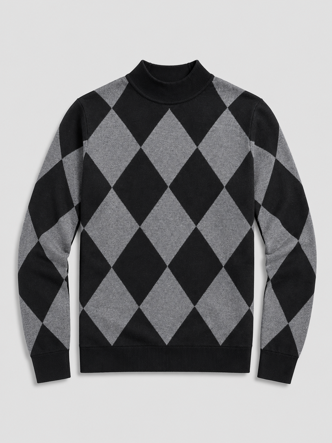 Black men’s argyle turtleneck sweater with a slim fit and stretch knit construction displayed on a plain background