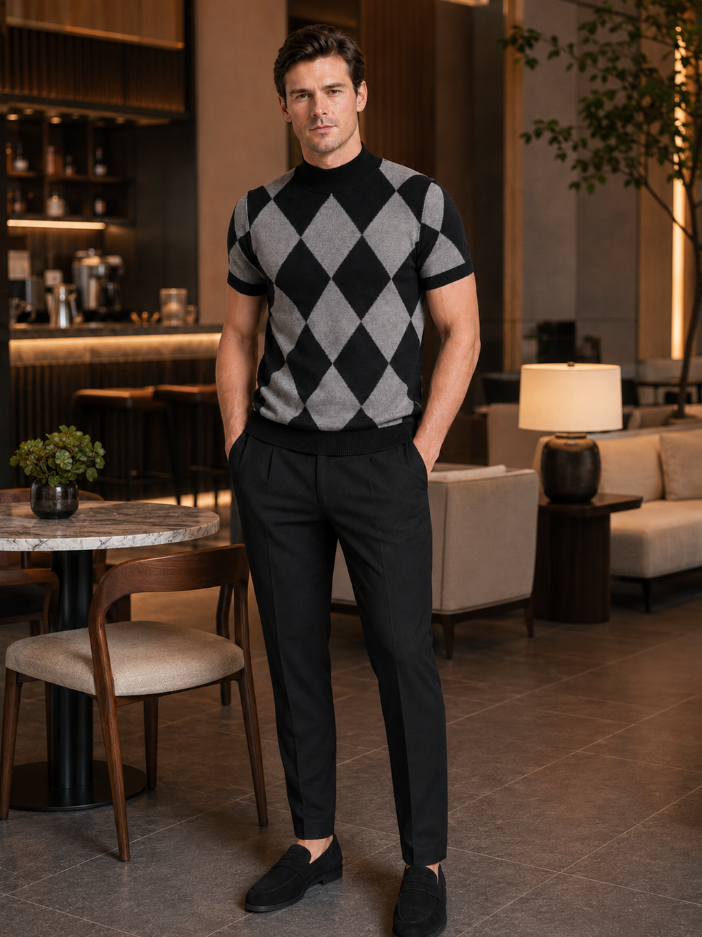 Man wearing a black argyle turtleneck knit T-shirt in a modern business casual winter outfit
