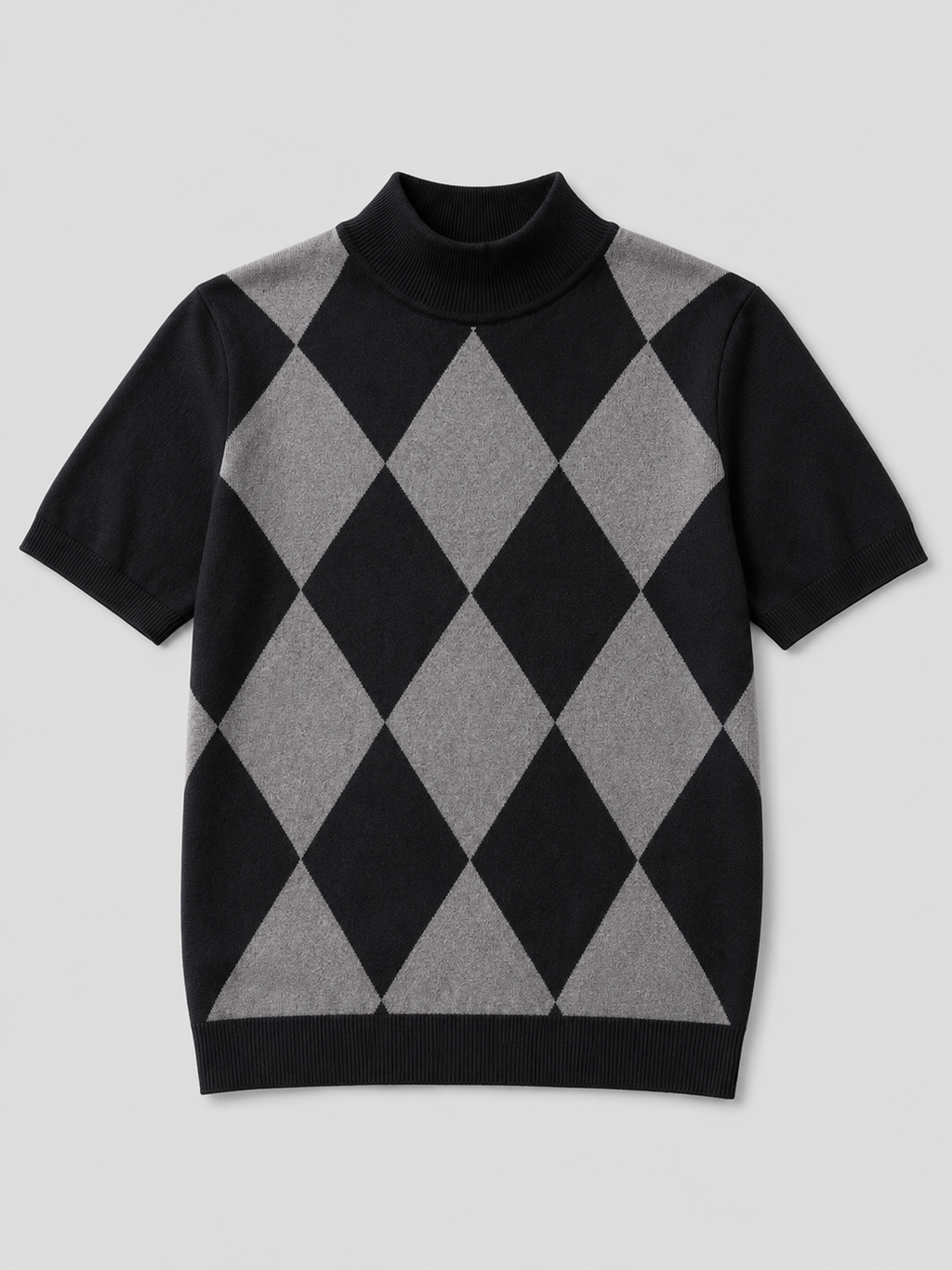 Black men’s argyle turtleneck knit T-shirt with a diamond lattice pattern and slim fit displayed on a plain background