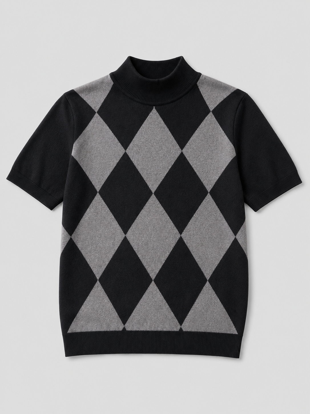 Black men’s argyle turtleneck knit T-shirt with a diamond lattice pattern and slim fit displayed on a plain background
