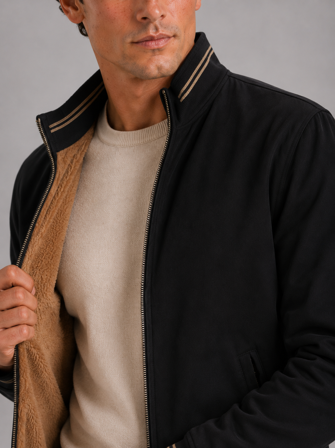 Close up of black aviator jacket showing soft fleece lining and durable zipper detail