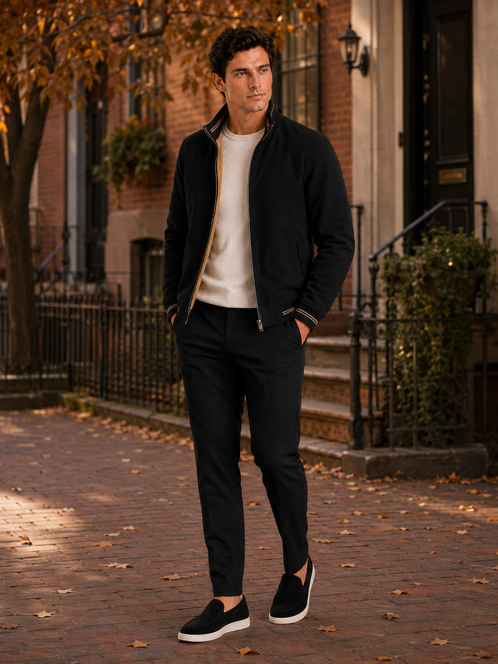Man styling black aviator fall jacket in a modern everyday lifestyle outfit