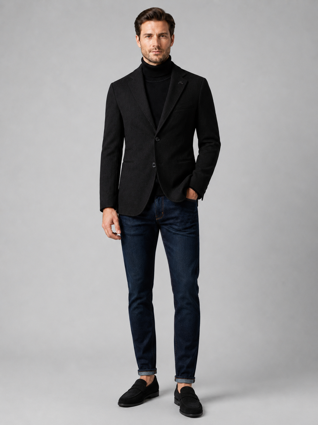 Black slim fit blazer for men solid color suit jacket for office and business casual wear