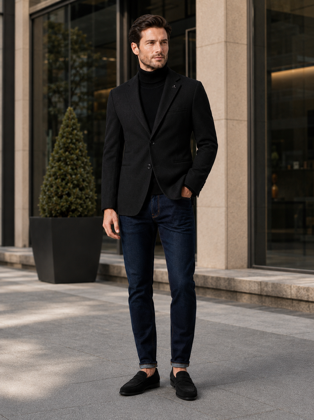 Man styling black slim fit blazer in a modern office and business casual lifestyle outfit