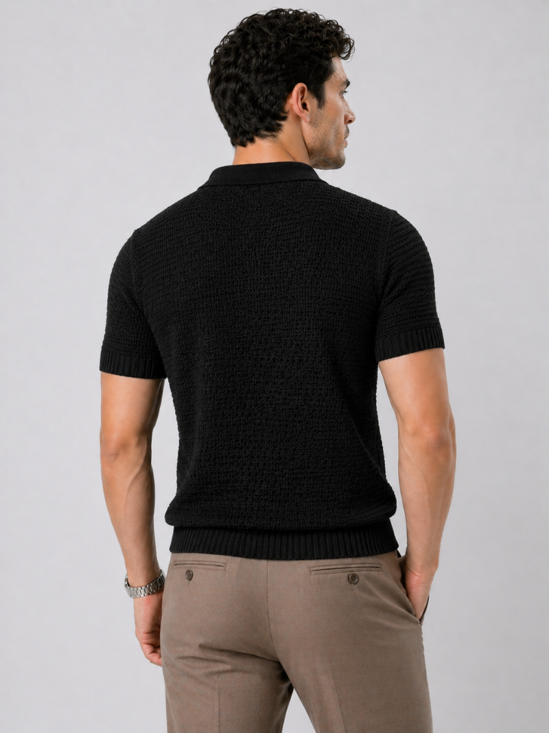 Black knit polo shirt for men lightweight breathable tailored fit casual summer vacation outfit
