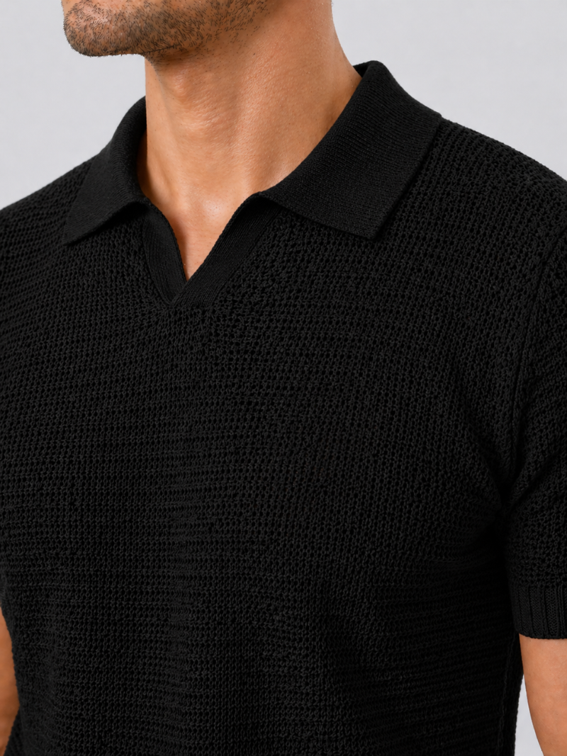 Men’s black knitted polo lightweight tailored summer shirt for refined smart casual wear