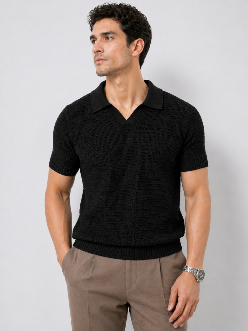 Men wearing black knit polo shirt lightweight tailored summer top for quiet luxury coastal style