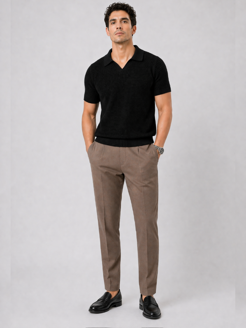 Black lightweight knit polo shirt soft breathable tailored top for summer and quiet luxury style