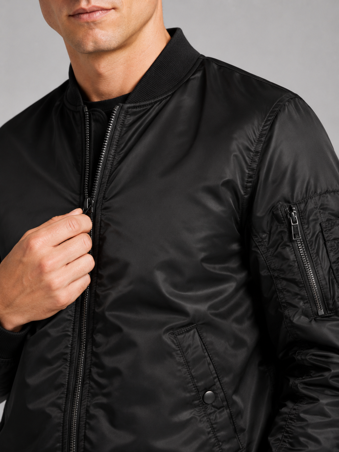Close up of black bomber jacket showing lightweight windbreaker fabric and zip up front detail