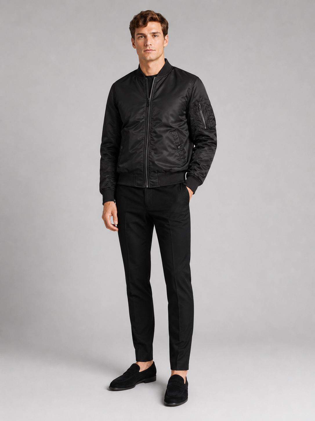 Black flight jacket for men casual fall outerwear for everyday and streetwear wear