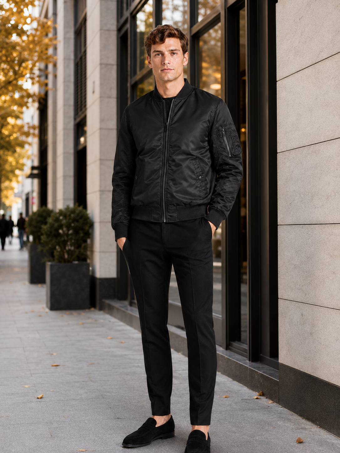 Man styling black bomber jacket in a modern streetwear and everyday lifestyle outfit